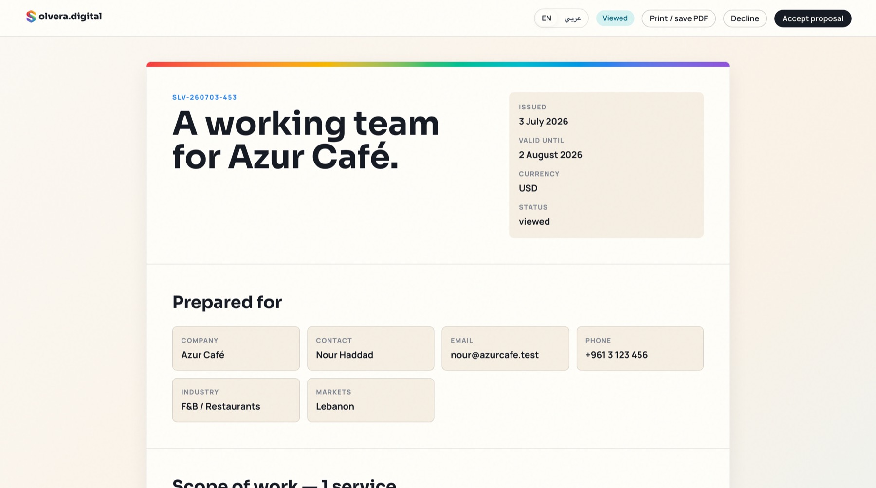 A proposal share page from our demo workspace, with the client accept action